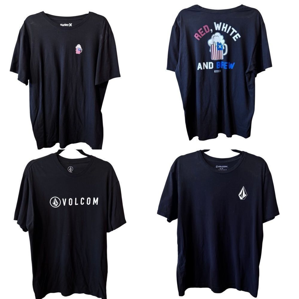 BUNDLE OF THREE- Men’s Black 100% Cotton T-shirts Volcom + Hurley, All Size XL